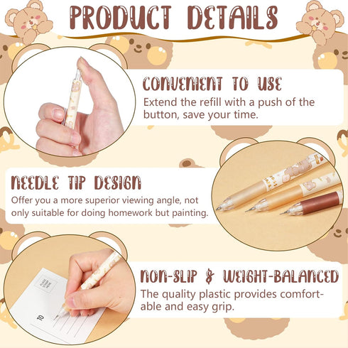 24 Pcs Kawaii Bear Mechanical Pencil 0.5mm Cute Automatic Pencils Cartoon Bear Brown White Automatic Retractable Pencils for School Office Supplie...