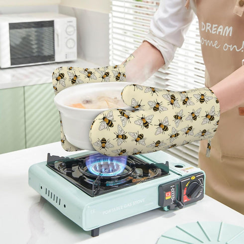 Happy Busy Bees Oven Mitts and Pot Holders Sets Silicone Bees Kitchen Mitts Bees Potholders Heat Resistant 4Pcs Bees Oven Gloves Hot Pads for Kitc...