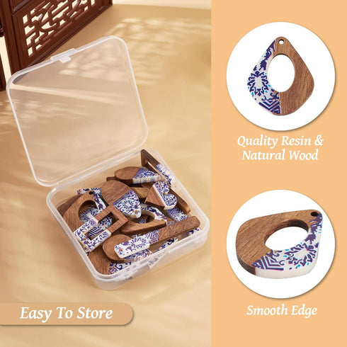 FASHEWELRY 20Pcs Classical Resin Wooden Earrings Charms Porcelain Flower Wood Earring Blanks Blue White Natural Wooden Pieces Earring Findings for...