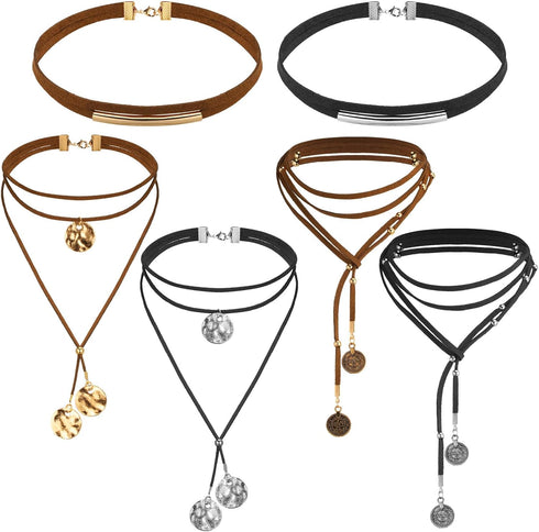 6 Pcs Boho Layered Suede Necklace Long Suede Choker Necklace Black Brown Suede Choker with for Women Teen Girls Jewelry birthday Gift...