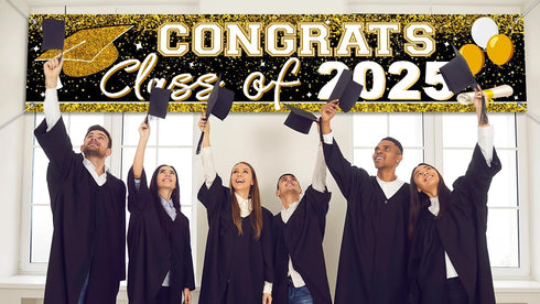 2025 Graduation Decorations Gold Class of 2025 Banner Large Congrats Grad Graduation 2025 Yard Signs for Graduate Party Supplies (Gold)...