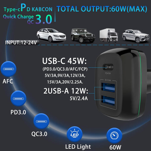 USB C PD Car Charger 60W -3 Port Type C PD 45W?USB-A 12W, Fast Charge Compatible for iPhone, MacBook, iPad Pro, Dell XPS13, Chromebook Pixels, Sam...