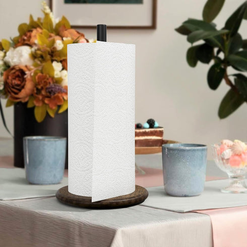 Black Paper Towel Holder Stand with Exquisite Wood Round Base, Niffgaff Free-Standing Paper Towel Roll Dispenser for Kitchen Countertop, Fits Stan...