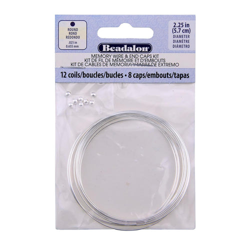 Beadalon Carbon Steel Memory Wire Kit, Round, Silver Plated Large Bracelet, approx. 12 coils, Silver Plated 3 mm Memory Wire End Caps, 8 pc...