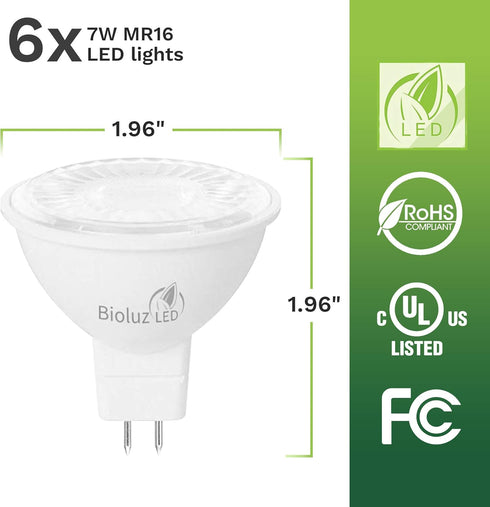 Bioluz LED 6 Pack MR16 LED Bulb 50W Halogen Replacement Non-Dimmable 7w 3000K 12v AC/DC UL Listed Pack of 6...