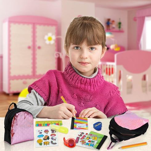 Euclidean Cube 2 Pieces Mini Doll Backpack Toys with 12 Stationery Surprises Inside, Collectible Mini Backpack for Doll with Carabiner, Doll Schoo...