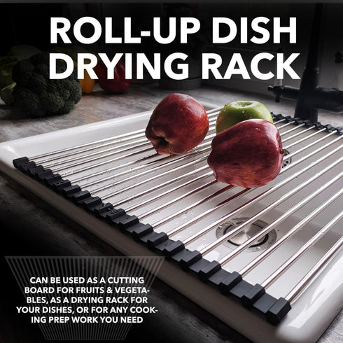 Roll Up Dish Drying Rack 21" x 16" - Over The Sink for Kitchen Counter, Foldable SUS304 Stainless Steel Dish Drying Rack for Cups, Utensils, Fruit...
