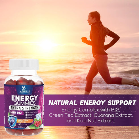 Energy Gummies Vitamin B12, Green Tea & Natural Caffeine Support, Extra Strength 1000 mcg Daily Energy Vitamins, Delicious Berry Flavor Gummy Chew...