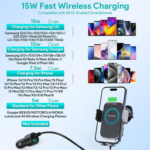 Wireless Car Charger, 15W Auto-Clamping Charger Mount, Air Vent Car Charging Holder for iPhone 15 14 13 12 11 Pro Max Plus Mini X Xr Xs, Samsung S...