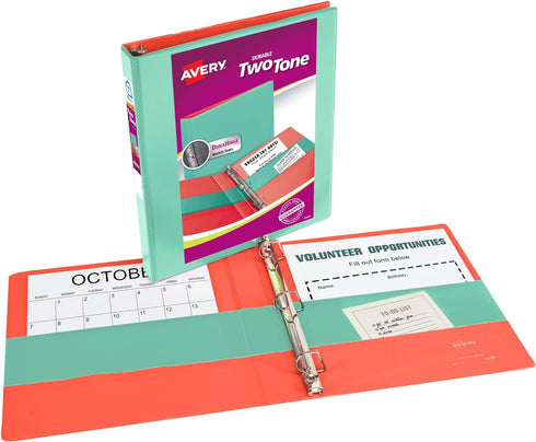 Avery Two-Tone Durable View 3 Ring Binder, 1 Inch Slant Rings, Mint/Coral Binder (17288)...