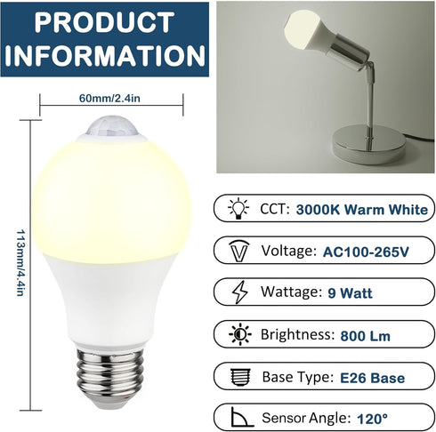 Motion Sensor Light Bulbs - 9W (60W Equivalent) E26 Motion Activated LED Light Bulb 3000K Warm White Dusk to Dawn Security Bulb Auto On Off Indoor...