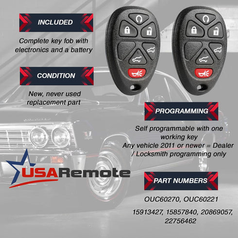 Car Key Fob Keyless Entry Remote fits 2007-2014 Chevy Tahoe Suburban / 2007-2014 Cadillac Escalade / 2007-2014 GMC Yukon (fits Part # 15913427, 20...