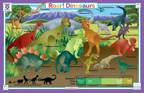 Tot Talk Roar Dinosaur Educational Placemat for Kids – Made in USA – Durable, Double-Sided, Dinosaur Learning Placemat with Facts, Phonics & Color...
