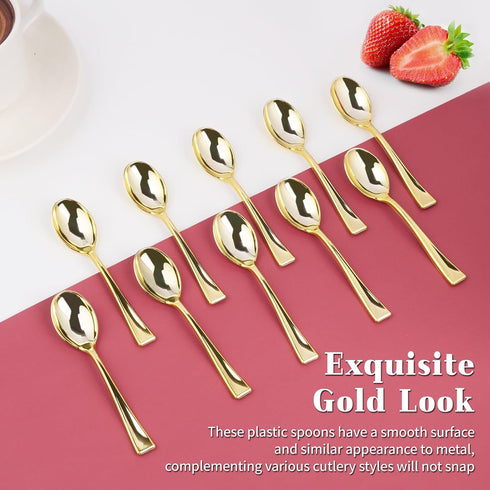 Kucoele 4 Inches Gold Mini Plastic Spoons, 100 Pack Disposable Small Dessert Spoons Heavy Duty Tiny Tasting Spoons for Appetizers, Puddings, Ice C...