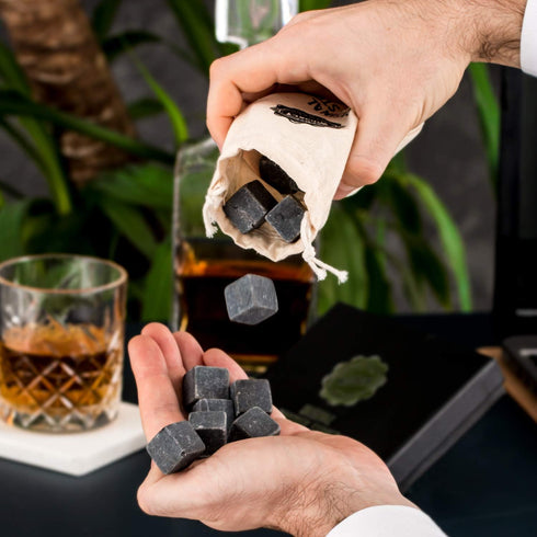 Premium Whiskey Stones Gift Set with 12 Pcs Stones and Bag. Whiskey, Bourbon, Cognac, Scotch,Gin, Wine Beverage. Marble Reusable Ice Cubes. Birthd...