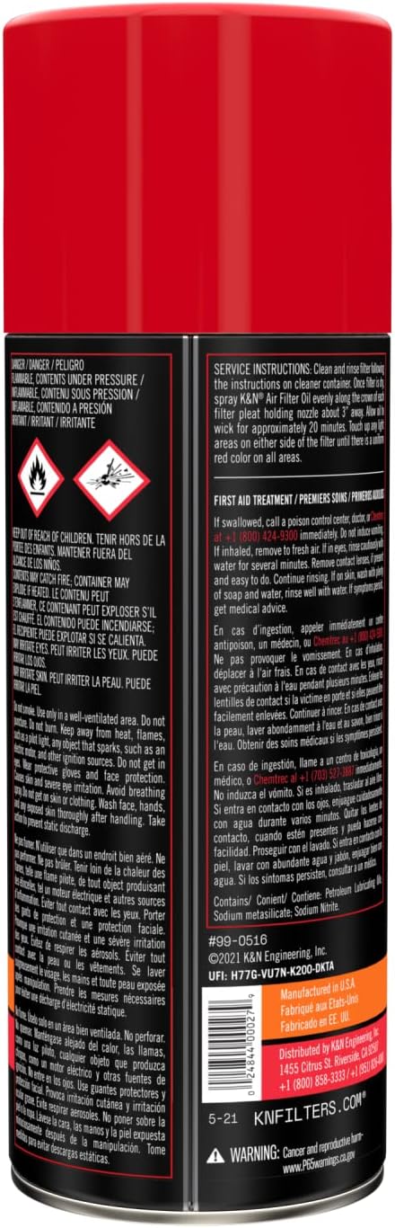 K&N Air Filter Oil: Aerosol; Restore Engine Air Filter Performance and Efficiency, 99-0516, 347g(12.25 Oz), Black...