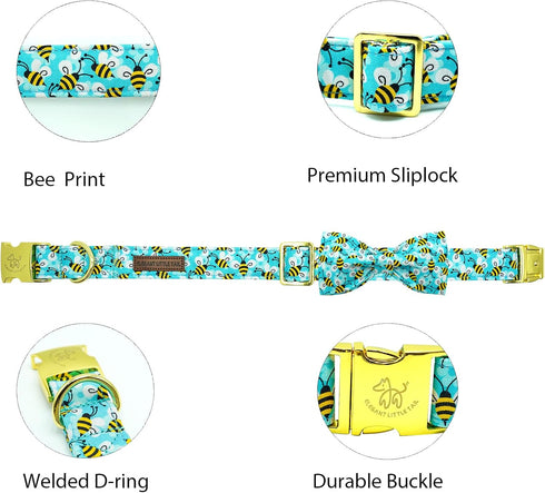 Elegant little tail Dog Collar, Blue Bees Print Dog Collar with Bow Tie Summer Dog Collar Pet Collar Boy Girl Cute Bowtie Collar Dog for Small Med...