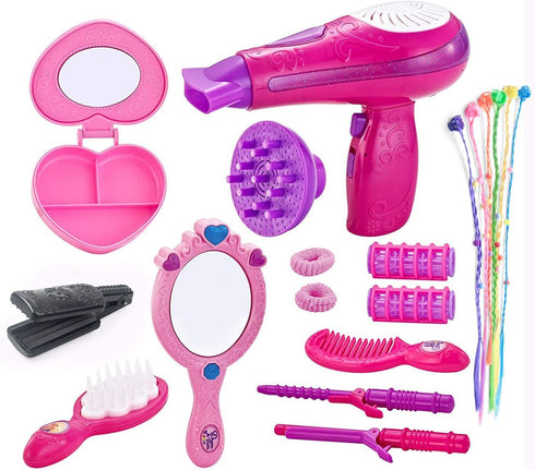 Little Girls Beauty Hair Salon Toy Kit with Toy Hairdryer, Mirror & Other Accessories, Fashion Pretend Makeup Set for Kids...