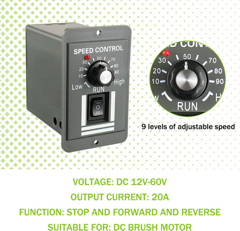 DC 12-60V Motor Speed Controller 20A Adjustable PWM Controller Switch Forward/Reverse Electric Motor Speed Regulator Suitable for DC Brush Motor...