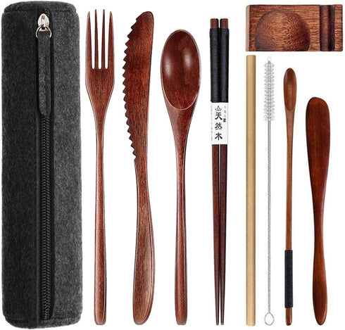 Wooden Utensils for Eating with Updated Case Reusable Bamboo Cutlery Set 9 Pcs Travel Utensils Wooden Bamboo Fork and Spoon Set Wood Flatware Set ...