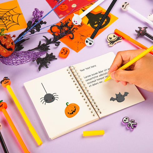 30 Pcs Halloween Pens, Pumpkin Skull Heads Ghost Bat Shape Pens, 0.5 MM Bulk Black Rollerball Pen for Halloween Thanksgiving Party Supplies School...