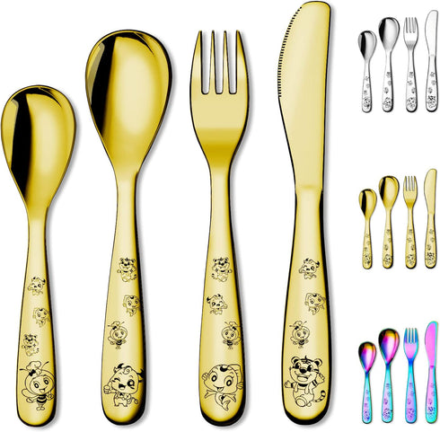 Berglander Gold Toddler Utensils 4 Pieces Golden Titanium Plating Kids Silverware Set, Children Safe Forks and Spoons Flatware, Mirror Polished Sm...