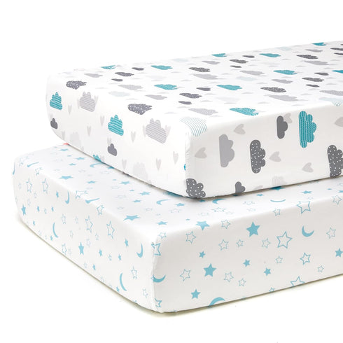 TILLYOU Baby Crib Sheets for Boys Girls, Super Soft Toddler Bed Sheets, 2 Pack Sheets for Standard Crib Mattress 28x52in, Blue Clouds and Stars...