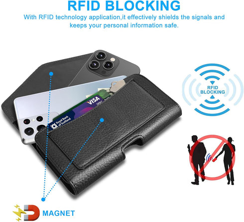 Leather Dual Phone Holster with Belt Loop for 2 Phones Horizontal Two Phone Belt Holder for Men Carrying Phone Pouches Black for iPhone 14, 13?12?...