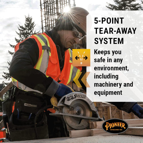 Pioneer Hi Vis Tear-Away Mesh Back Safety Vest for Me - Reflective Tape, 4 Pockets - Construction, Traffic, Security - Orange...