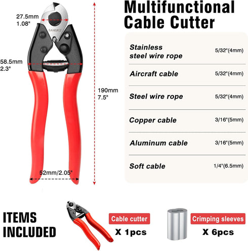 Sanuke Cable Cutter Wire Rope Heavy Duty up to 5/32" Stainless Steel Aircraft for Deck Railing Metal Fence Bicycle Brake Cutter with 6Pcs Crimping...