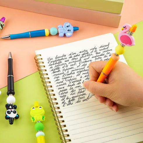 12Pcs Plastic Beadable Pens, Bead Pens with Animals Silicone Beads, Crystal Spacer Beads, Black Ink Ballpoin for DIY Gifts School Office Supplies...