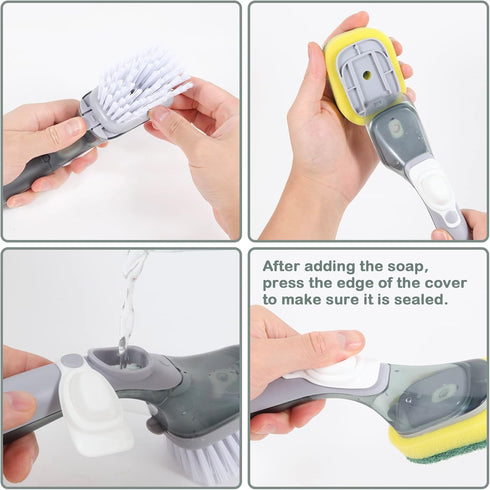 Dishes Scrub Brush Non-Scratch, Soap Dispensing Dish Brush, Dishwand Handle with 2 Refill Dish Brush and 2 Sponge Replacement Heads, Soap Control ...