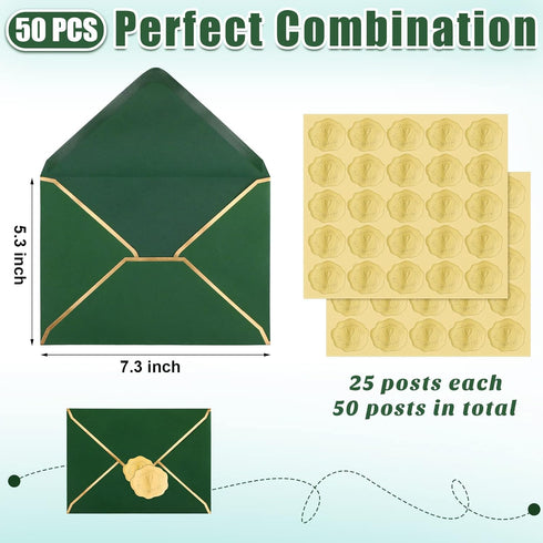 Teling 50 Pcs A7 Envelopes 5 x 7 Card Envelopes and 50 Pcs Gold Embossed Wax Seal Envelopes Self Adhesive V Flap Envelopes with Gold Border for Gr...