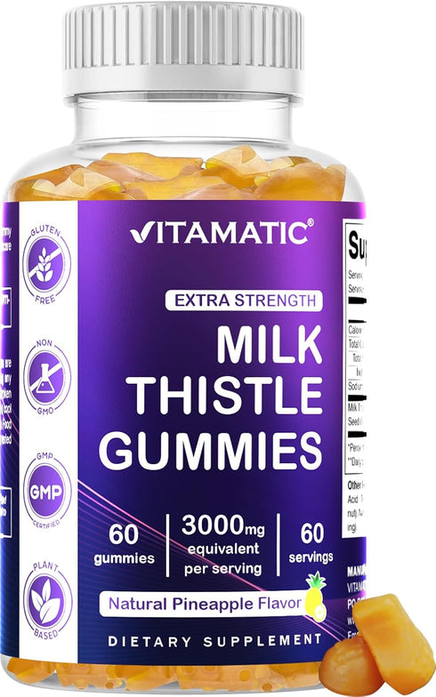 Vitamatic Milk Thistle Gummies - 3000 mg Equivalent - Liver Detox & Anti Oxidant Health - Min. 80% Silymarin Flavonoids - 60 Pectin Based Gummies...