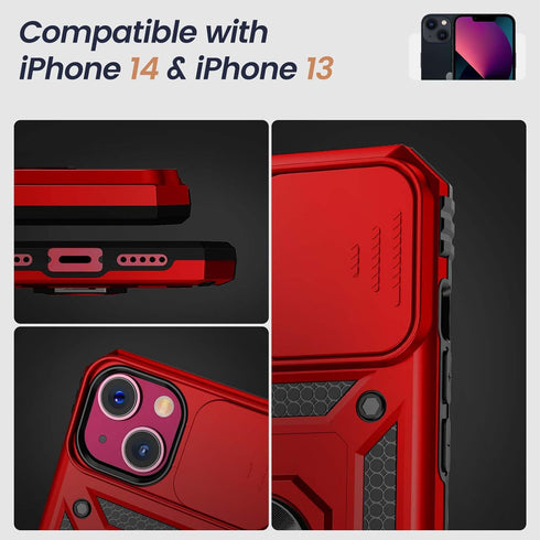 Goton for iPhone 14 & iPhone 13 Case with Screen Protector - Slide Camera Cover Phone Case with Ring Stand, Heavy Duty Military Grade Shockproof R...