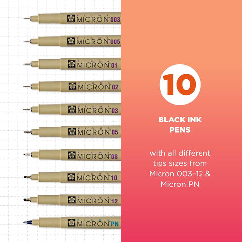 SAKURA Pigma Micron Fineliner Pens - Archival Black Ink Pens - for Writing, Drawing, or Journaling - Assorted Point Sizes - 10 Pack...