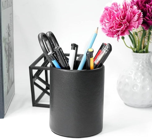 Pencil Holder, Leather Pen Cup for Desk (Round, Black)...