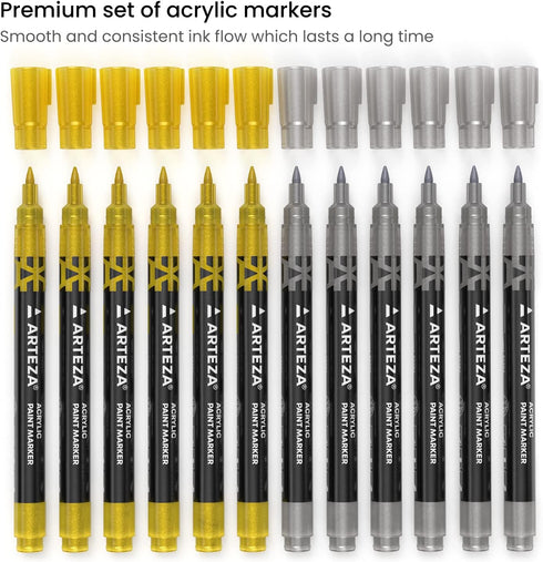 ARTEZA Acrylic Paint Markers, Set of 12 Metallic Marker Pens, 6 Gold and 6 Silver, Extra-Fine Nibs, 15mm, Blendable, for Stone, Glass, Wood, Ceram...