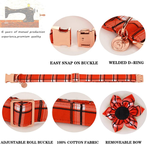 Dog Collar with Flower, Fall Orange Plaid Dog Collar Cute Pet Collar Adjustable Dog Collar for Small Medium Large Dog...