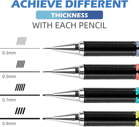 YISAN Mechanical Pencil Set 0.3 & 0.5 & 0.7 & 0.9mm,Automatic Pencil,Lead Pencils 4 PCS with Erases and Lead Refills for School Writing,Skeching,D...