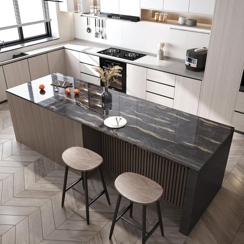 Black and Gold Marble Wallpaper Peel and Stick Glossy Dark Granite Countertops Marble Contact Paper Removable Self Adhesive Wall Paper for Bathroo...