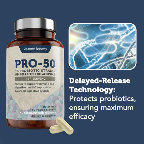 Vitamin Bounty Pro-50 Probiotic - 50 Billion Organisms and 13 Probiotic Strains That Promote Gut Health, Digestive Health Probiotic, Delayed Relea...