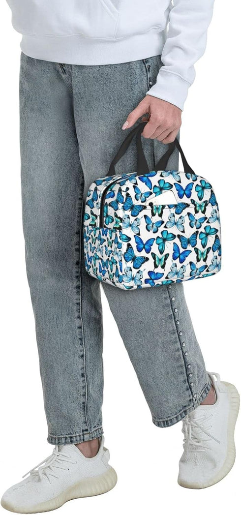 Insulated Lunch Bag Box for Women with Blue Butterfly Print Cooler Thermal Waterproof Reusable Tote Bag with Big Pocket for Work Office Picnic Col...
