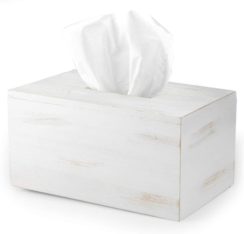 Ilyapa Wood Tissue Box Cover Rectangular - Rustic Farmhouse White Wooden Tissue Holder...