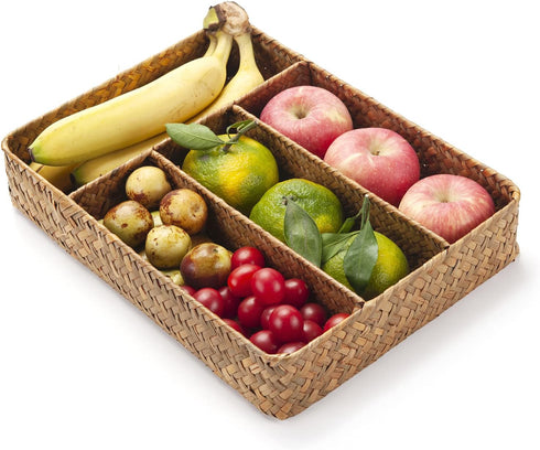 Seagrass Storage Basket with Compartments Utensil Tray for Organization Silverware Flatware Rectangular Shelf Baskets with 4 Sections Natural...