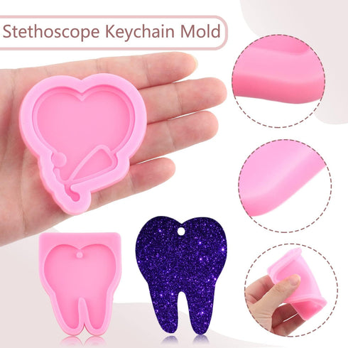 Epoxy Resin Molds Doctor Badge Reel Silicone Molds Stethoscope Resin Epoxy Casting Molds Heart T-Shirt Tooth Keychain Mold for DIY Crafts Jewelry ...