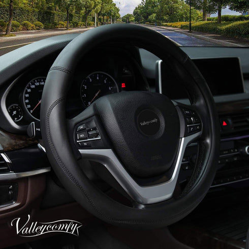 Valleycomfy Microfiber Leather Steering Wheel Cover Universal 15 inch (Black)...