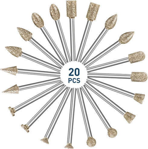 Diamond Grinding Burr Bit Set?20Pcs Rotary Tool Accessories Stone Carving Set with 1/8 inch Shank for Stone Ceramic Glass Carving, Grinding, Polis...