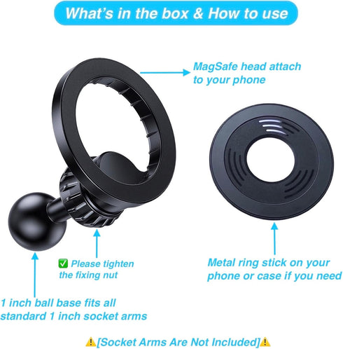 Magnetic Phone Holder Base with 1” Ball Mount Adapter for MagSafe Compatible with RAM Mounts Double Socket Arm for iPhone 15 14 13 12 Series...