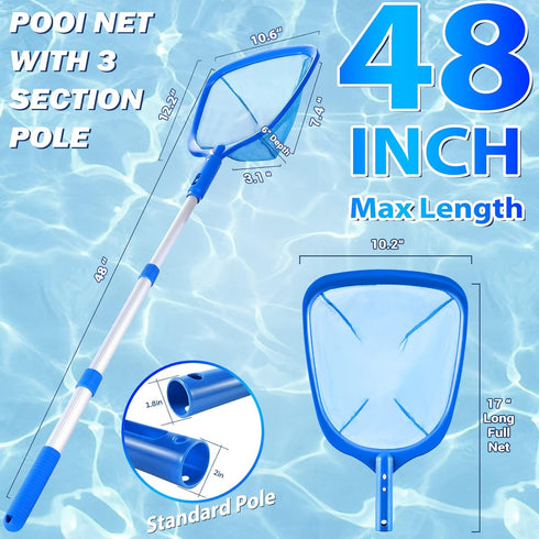Pool Skimmer - Pool Net with 3 Section Pole, 48 inch Pool Skimmer Net with Pole Total Length, Pool Nets for Cleaning, Fine Mesh Net Pool Skimmer N...